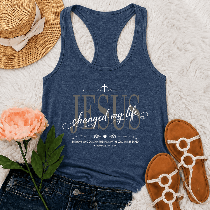 Christianartworkshop Débardeur dos nageur avec croix, cœur et inscription « Jésus a changé ma vie » (double police, Romains 10:13). - Bleu marine - 2XL - image 24