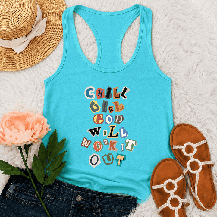 Christianartworkshop Débardeur dos nageur graphique à lettres mélangées empilées verticalement, style « Chill Girl God Will Work It Out », avec note de rançon découpée dans du papier. - Menthe - 2XL - image 9