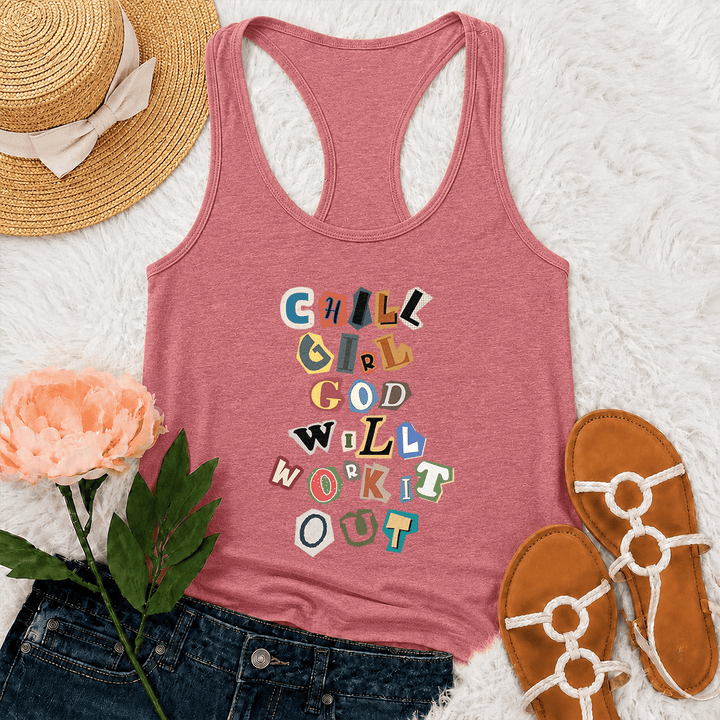 Christianartworkshop Débardeur dos nageur graphique à lettres mélangées empilées verticalement, style « Chill Girl God Will Work It Out », avec note de rançon découpée dans du papier. - Rose - 2XL - image 12