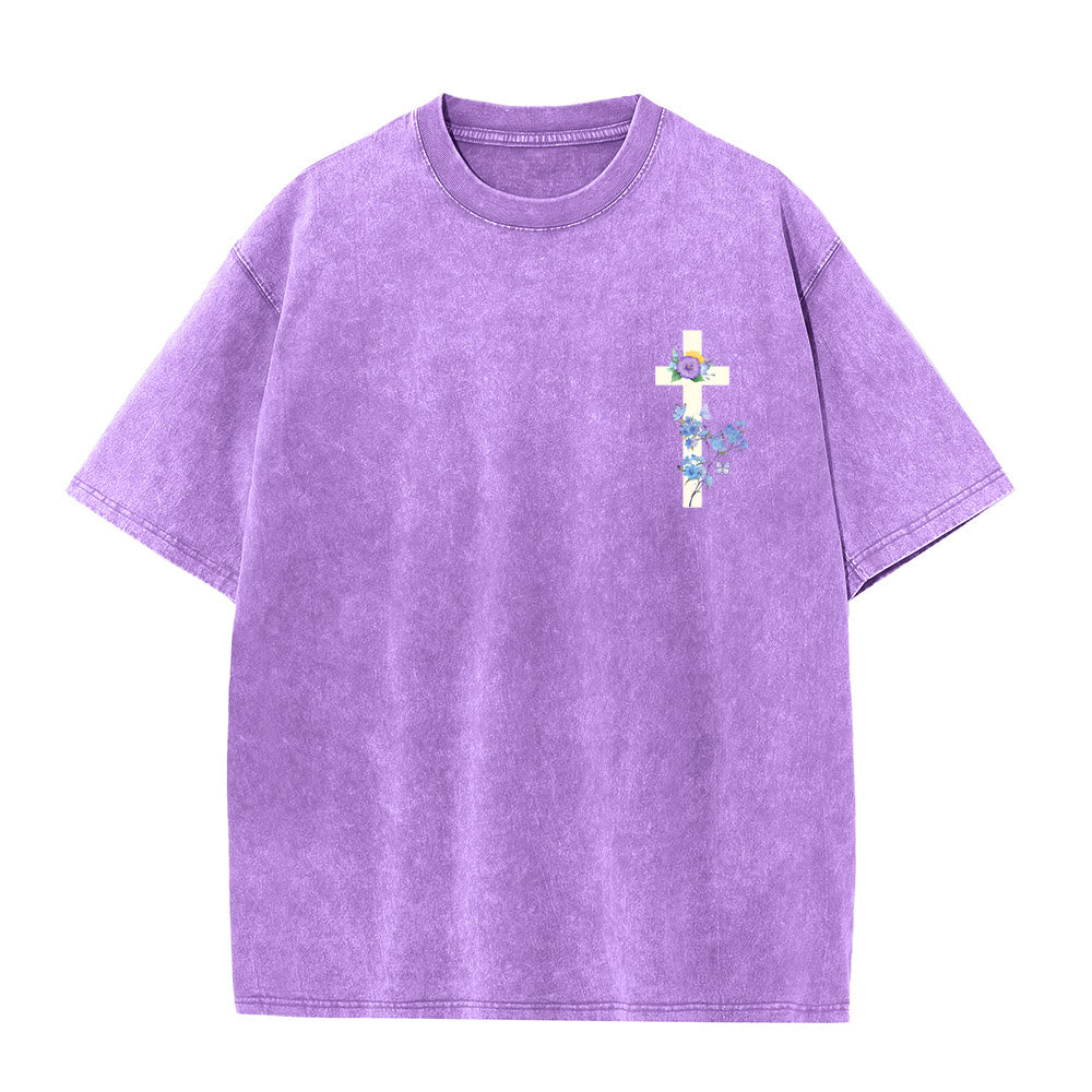 Christianartworkshop T-shirt unisexe vintage délavé, imprimé floral aquarelle au dos, croix florale sur la poitrine gauche, motif floral et fleurs sauvages. - image 1