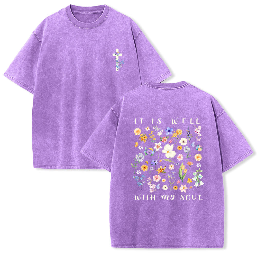 Christianartworkshop T-shirt unisexe vintage délavé, imprimé floral aquarelle au dos, croix florale sur la poitrine gauche, motif floral et fleurs sauvages. - Violet - 5XL - image 0