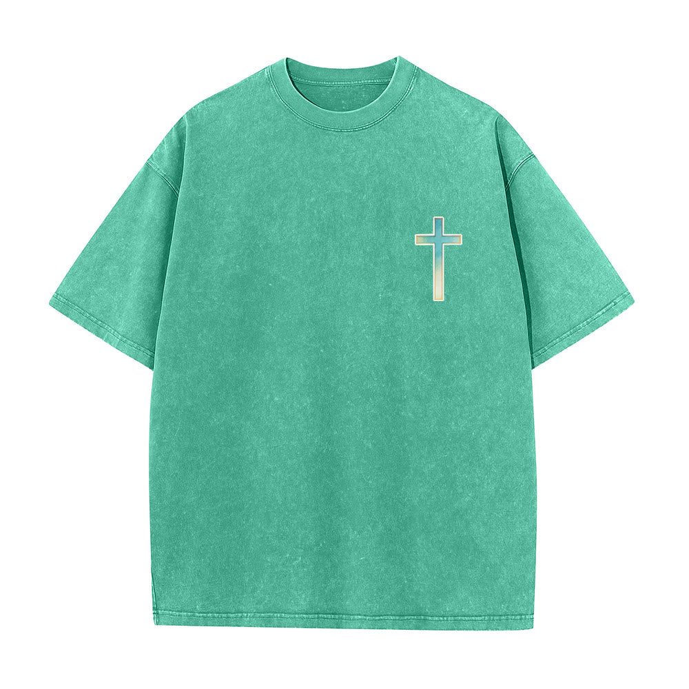 Christianartworkshop T-shirt unisexe vintage lavé, imprimé dos nu dégradé, méduses, hibiscus et corail, motif croix poitrine, pour une exploration des profondeurs sous-marines. - image 1
