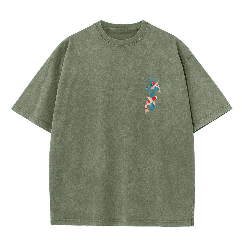 Christianartworkshop T-shirt unisexe double face lavé avec inscription en arc de cercle, motif floral de carpes koï orientales (Ésaïe 43:2). - image 19