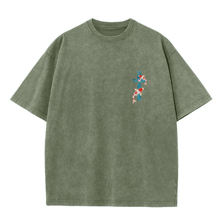 Christianartworkshop T-shirt unisexe double face lavé avec inscription en arc de cercle, motif floral de carpes koï orientales (Ésaïe 43:2). - image 19