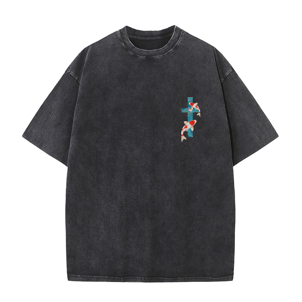 Christianartworkshop T-shirt unisexe double face lavé avec inscription en arc de cercle, motif floral de carpes koï orientales (Ésaïe 43:2). - image 10