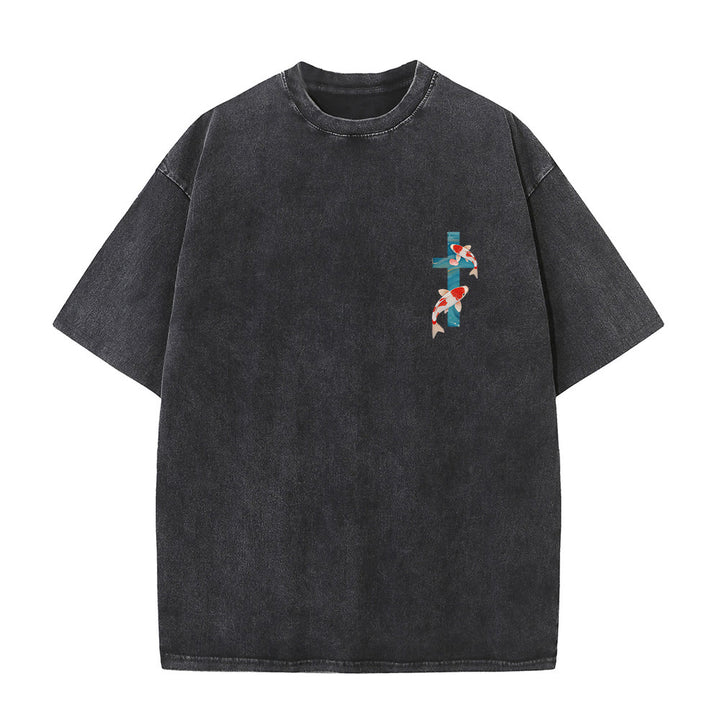 Christianartworkshop T-shirt unisexe double face lavé avec inscription en arc de cercle, motif floral de carpes koï orientales (Ésaïe 43:2). - image 10