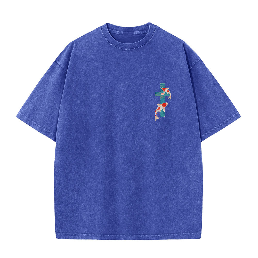 Christianartworkshop T-shirt unisexe double face lavé avec inscription en arc de cercle, motif floral de carpes koï orientales (Ésaïe 43:2). - image 17