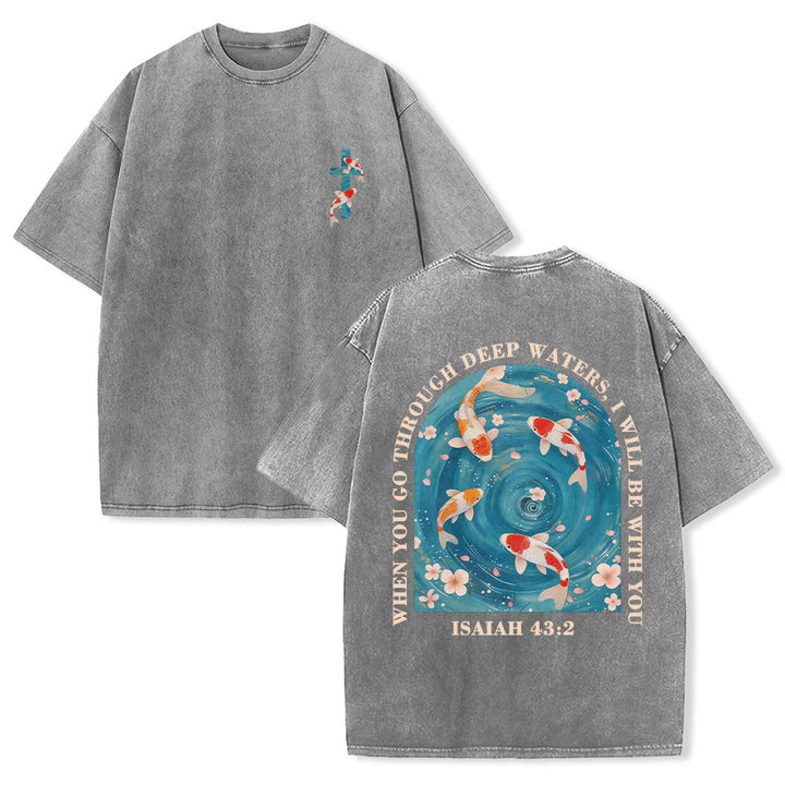 Christianartworkshop T-shirt unisexe double face lavé avec inscription en arc de cercle, motif floral de carpes koï orientales (Ésaïe 43:2). - Gris - 5XL - image 24