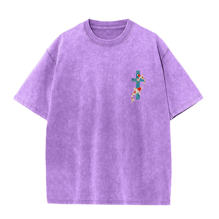 Christianartworkshop T-shirt unisexe double face lavé avec inscription en arc de cercle, motif floral de carpes koï orientales (Ésaïe 43:2). - image 7
