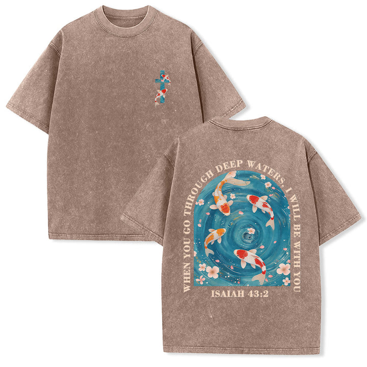 Christianartworkshop T-shirt unisexe double face lavé avec inscription en arc de cercle, motif floral de carpes koï orientales (Ésaïe 43:2). - Brun - 5XL - image 21