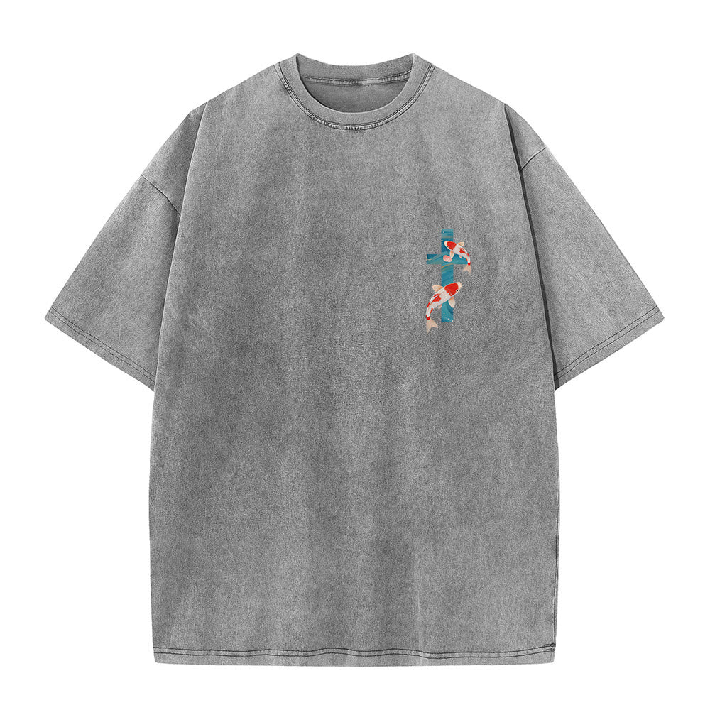 Christianartworkshop T-shirt unisexe double face lavé avec inscription en arc de cercle, motif floral de carpes koï orientales (Ésaïe 43:2). - image 25