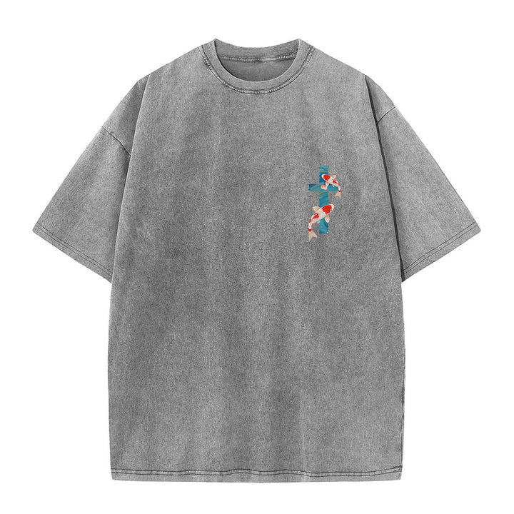 Christianartworkshop T-shirt unisexe double face lavé avec inscription en arc de cercle, motif floral de carpes koï orientales (Ésaïe 43:2). - image 25