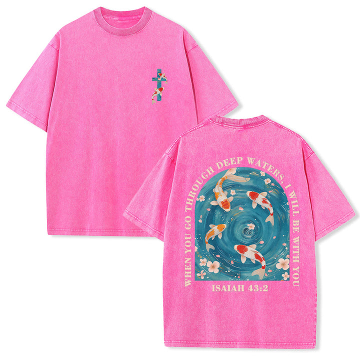 Christianartworkshop T-shirt unisexe double face lavé avec inscription en arc de cercle, motif floral de carpes koï orientales (Ésaïe 43:2). - Rose - 5XL - image 12