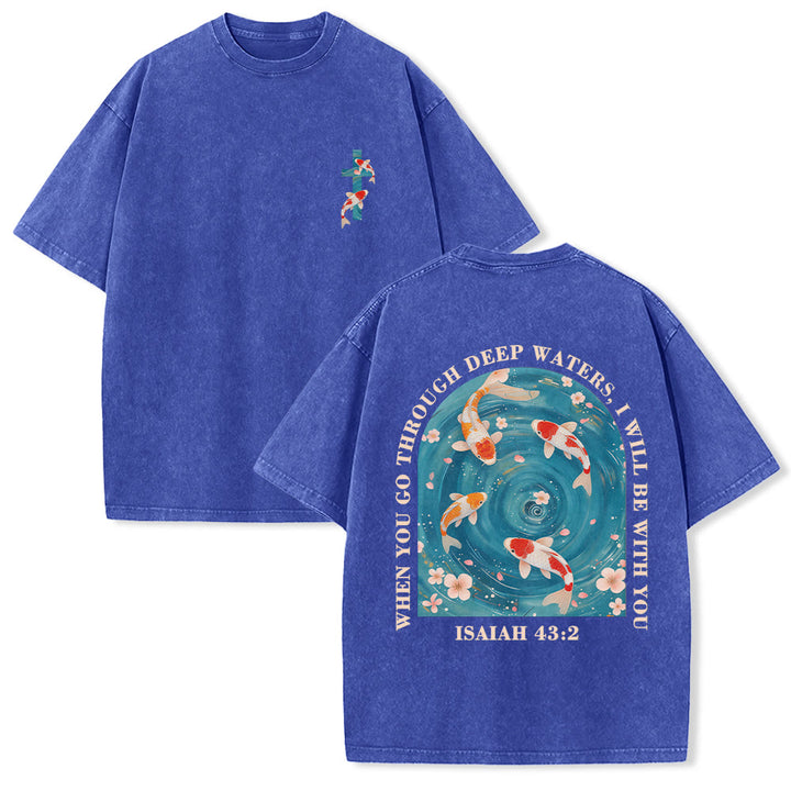 Christianartworkshop T-shirt unisexe double face lavé avec inscription en arc de cercle, motif floral de carpes koï orientales (Ésaïe 43:2). - Bleu - 5XL - image 15