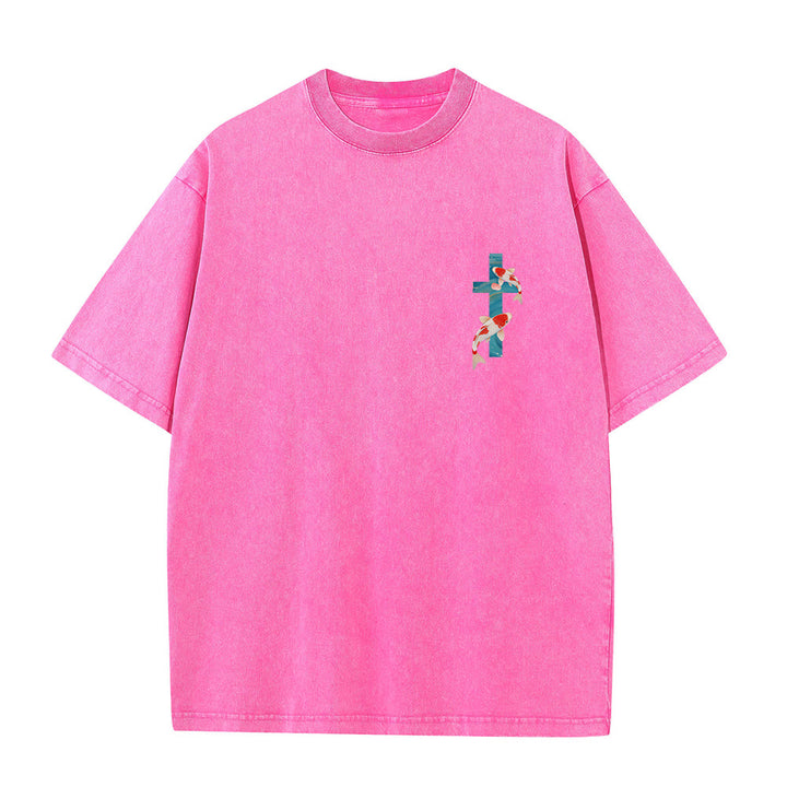 Christianartworkshop T-shirt unisexe double face lavé avec inscription en arc de cercle, motif floral de carpes koï orientales (Ésaïe 43:2). - image 13