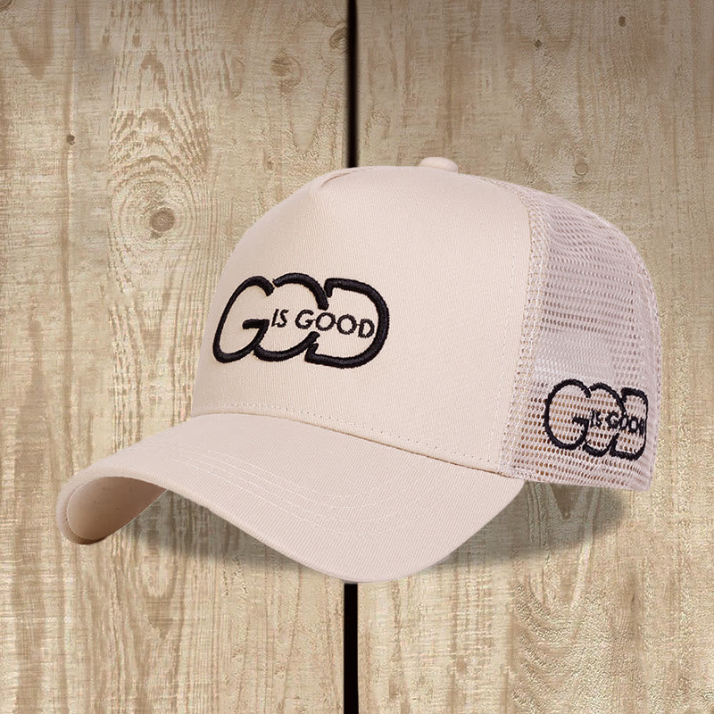 Christianartworkshop Casquette trucker minimaliste à monogramme lié « Dieu est bon », broderie double face, visière incurvée et dos en maille - Beige - image 0