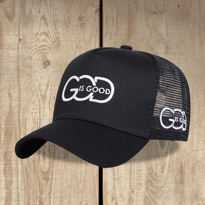 Christianartworkshop Casquette trucker minimaliste à monogramme lié « Dieu est bon », broderie double face, visière incurvée et dos en maille - Noir - image 1