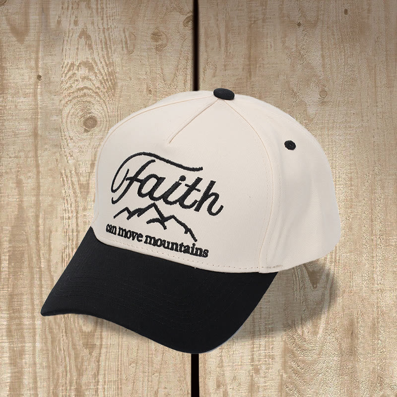 Christianartworkshop Casquette de baseball ajustable bicolore avec broderie cursive représentant une montagne et un contour de montagne sur le devant, ornée d'une inscription « La foi peut déplacer des montagnes ». - Noir - image 0