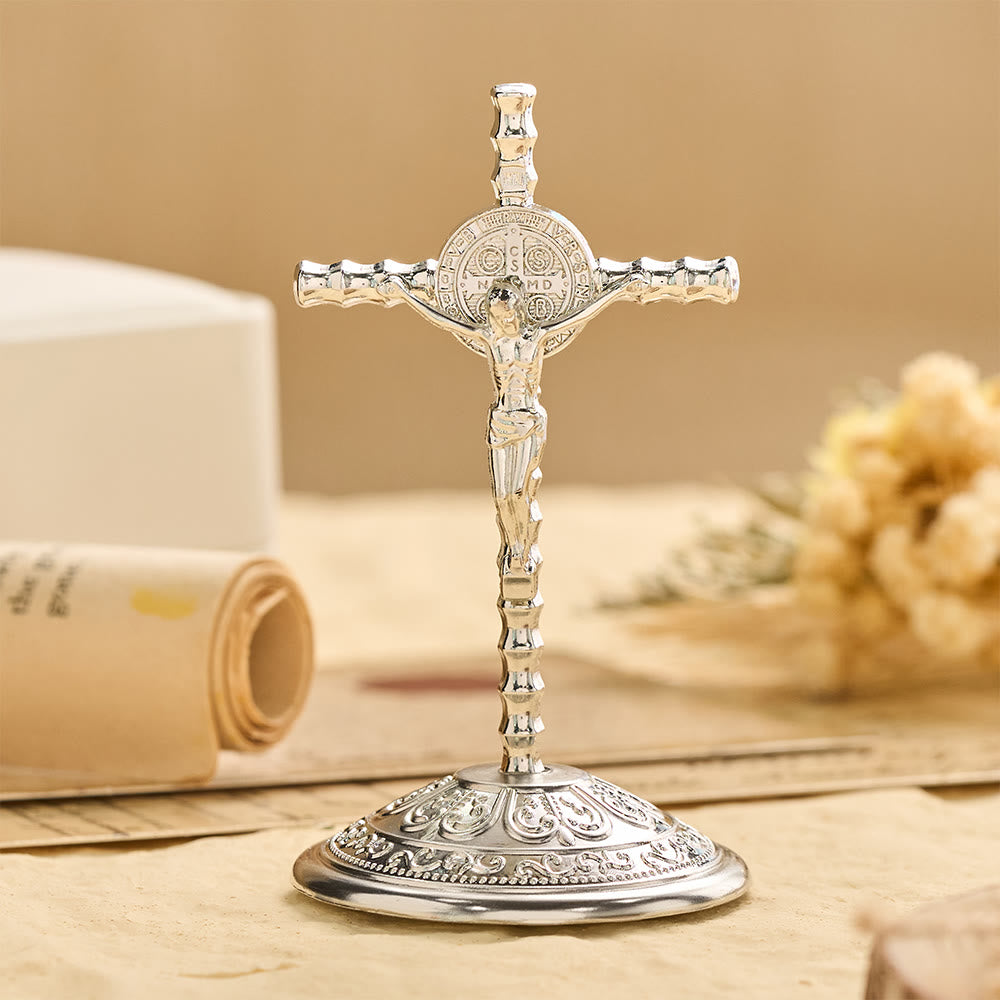 Christianartworkshop Crucifix de bureau Saint Benoît INRI : un symbole quotidien de protection et de rédemption sacrées - Argent - image 5