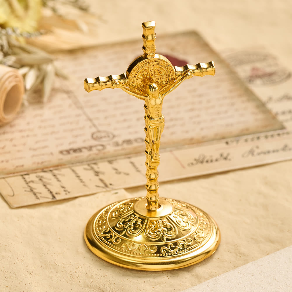 Christianartworkshop Crucifix de bureau Saint Benoît INRI : un symbole quotidien de protection et de rédemption sacrées - image 0