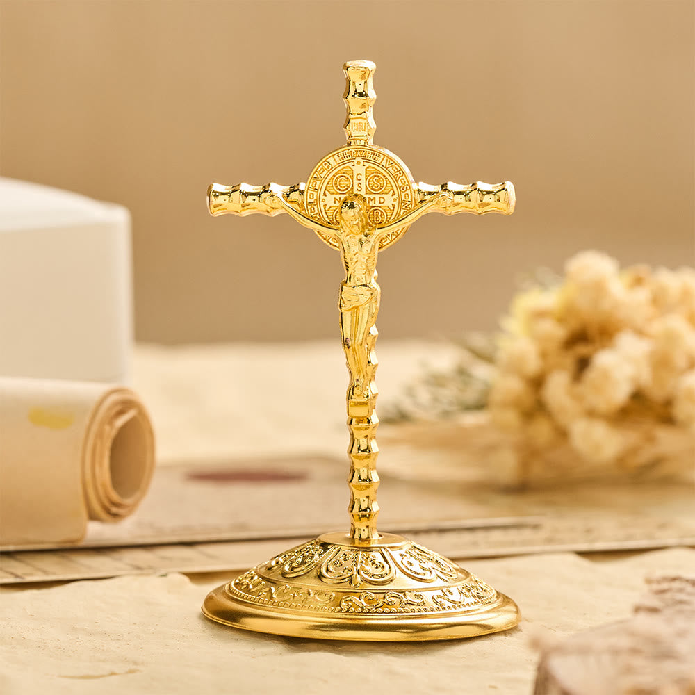 Christianartworkshop Crucifix de bureau Saint Benoît INRI : un symbole quotidien de protection et de rédemption sacrées - Doré - image 2
