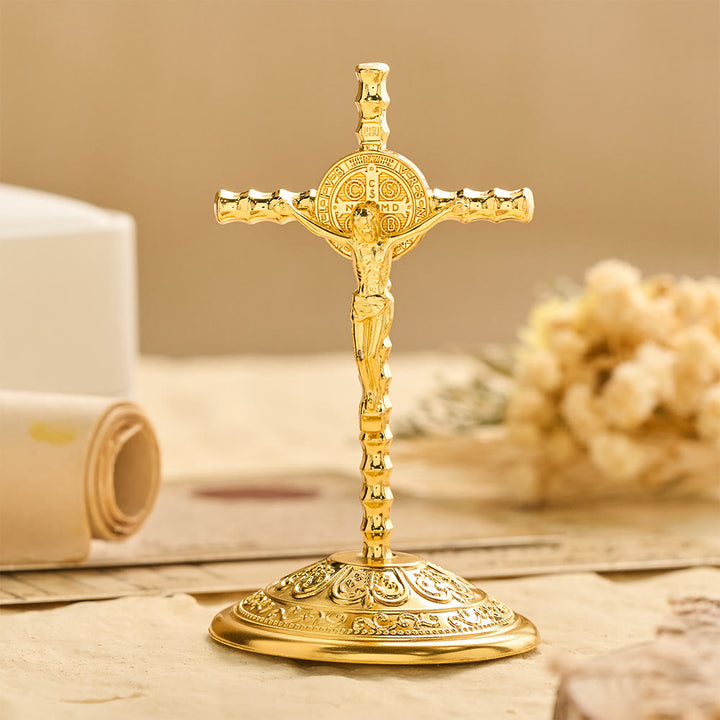Christianartworkshop Crucifix de bureau Saint Benoît INRI : un symbole quotidien de protection et de rédemption sacrées - Doré - image 2