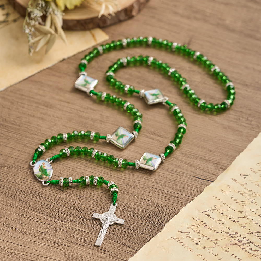 Christianartworkshop Chapelet à perles rondes transparentes émeraude avec plaques à l'effigie de saint Patrick et crucifix INRI - image 2