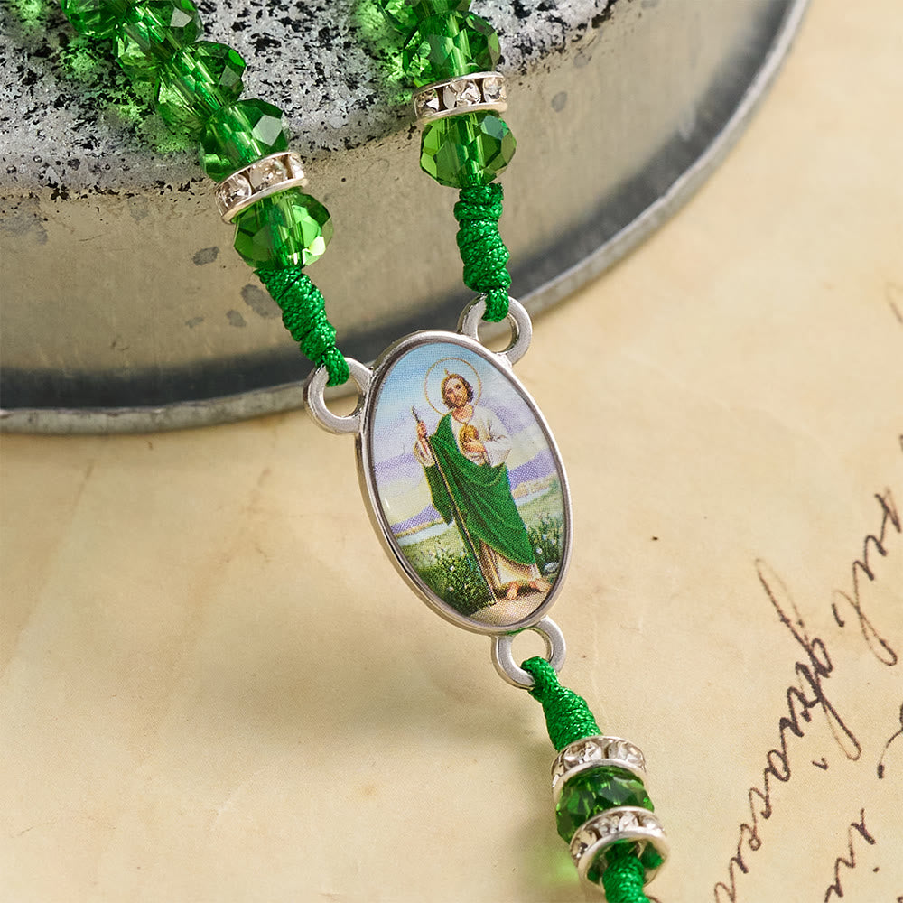 Christianartworkshop Chapelet à perles rondes transparentes émeraude avec plaques à l'effigie de saint Patrick et crucifix INRI - image 3
