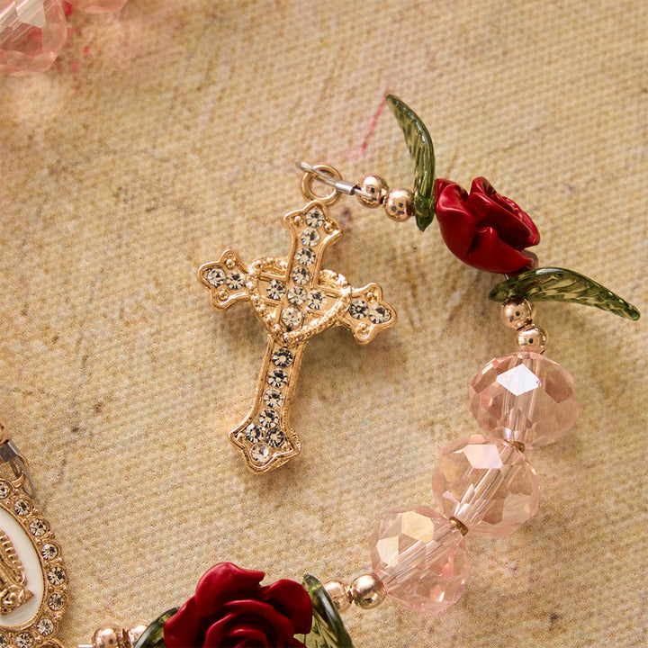 Christianartworkshop Chapelet de prière fait main en perles de verre rose à facettes représentant Notre-Dame de Guadalupe et sa croix - image 6