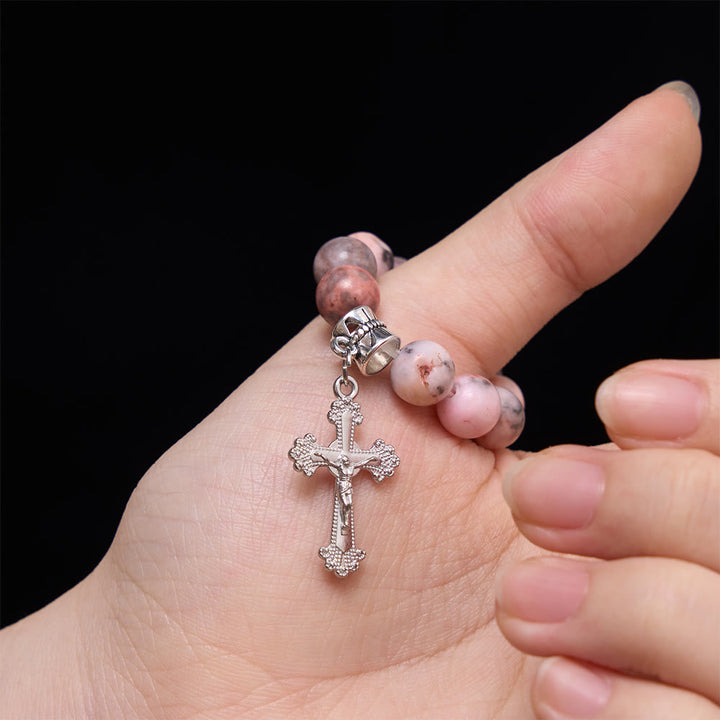 Christianartworkshop Chapelet crucifix à bordure florale en opale rose veinée naturelle - image 1