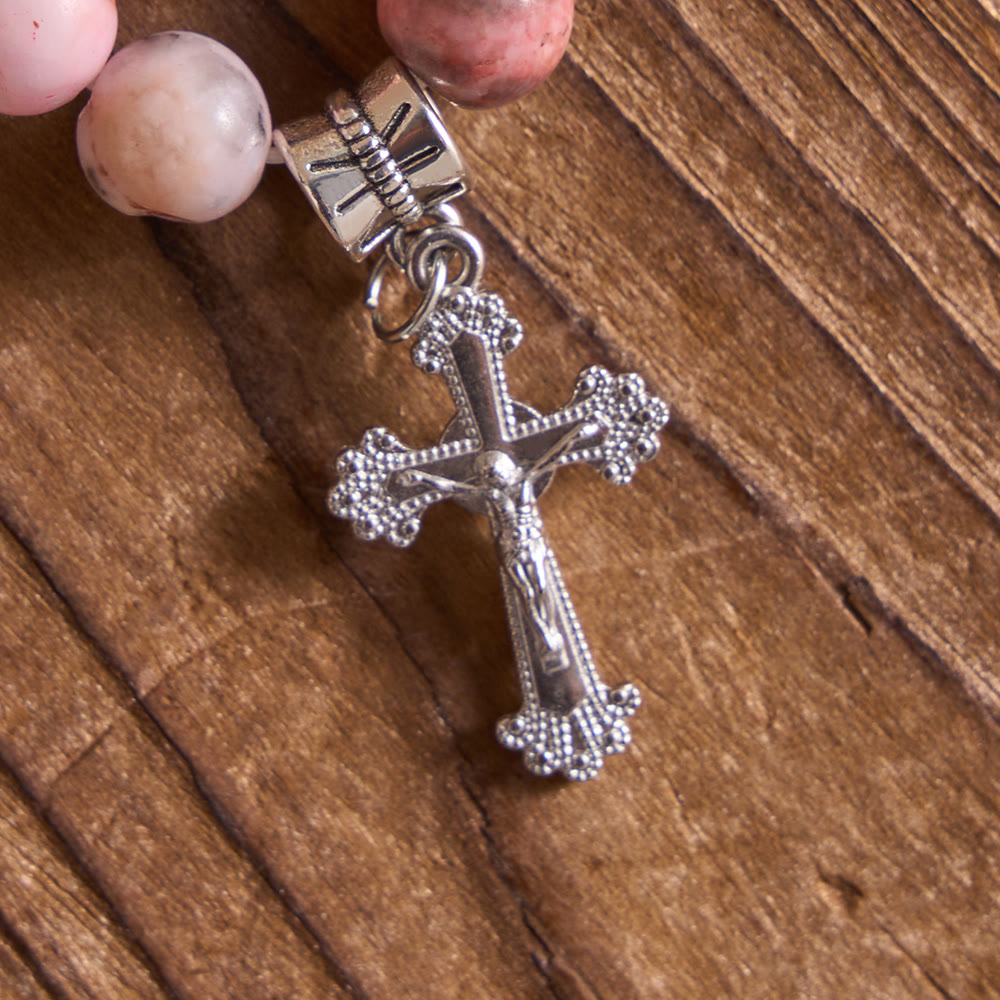 Christianartworkshop Chapelet crucifix à bordure florale en opale rose veinée naturelle - image 5
