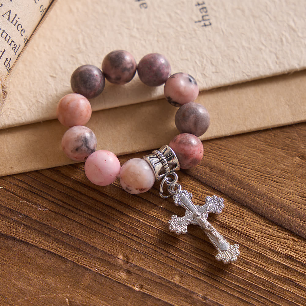 Christianartworkshop Chapelet crucifix à bordure florale en opale rose veinée naturelle - image 2