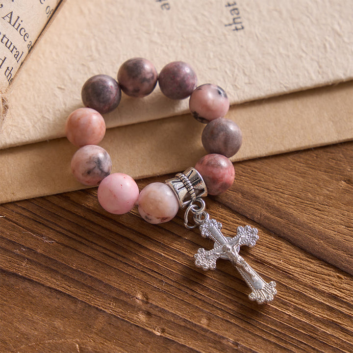 Christianartworkshop Chapelet crucifix à bordure florale en opale rose veinée naturelle - image 2