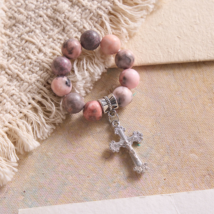 Christianartworkshop Chapelet crucifix à bordure florale en opale rose veinée naturelle - image 3
