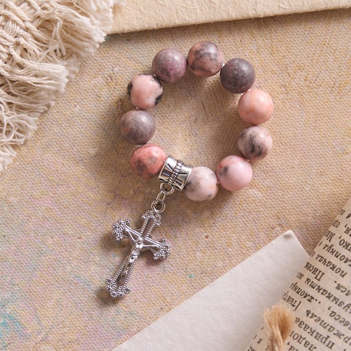 Christianartworkshop Chapelet crucifix à bordure florale en opale rose veinée naturelle - Chapelet d'opale rose - image 0