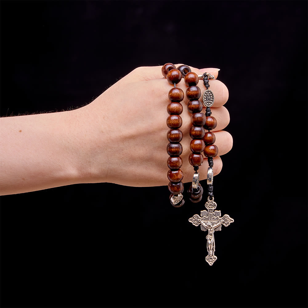 Christianartworkshop 15/05/20 Cadre floral en perles de bois naturel poli, motif Notre-Dame et crucifix sculpté - image 7