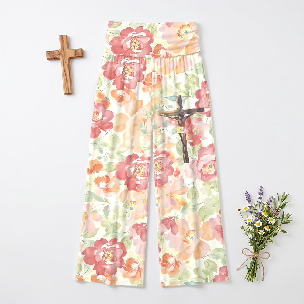 Pantalon Christianartworkshop à imprimé floral aquarelle pivoine, croix et motif crucifix, taille haute et jambes larges - image 2