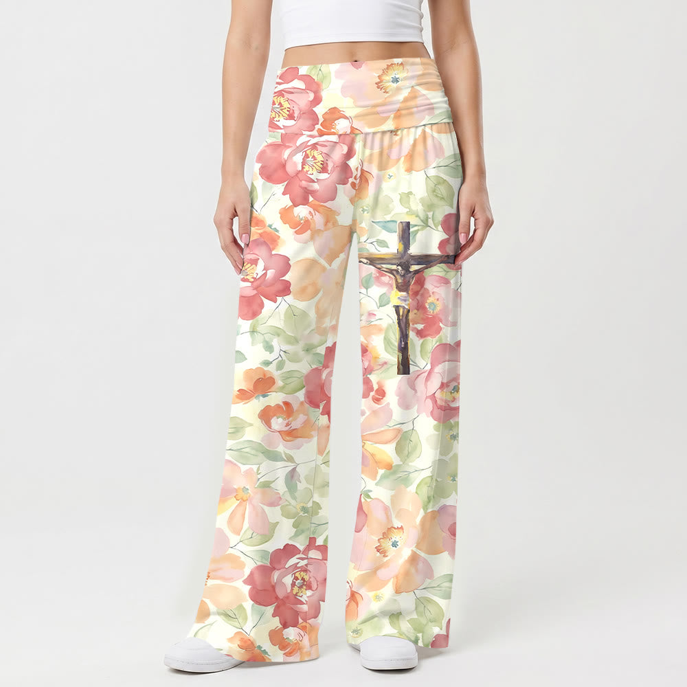 Pantalon Christianartworkshop à imprimé floral aquarelle pivoine, croix et motif crucifix, taille haute et jambes larges - US22, UK/AU26, EU54 (6XL) - image 0