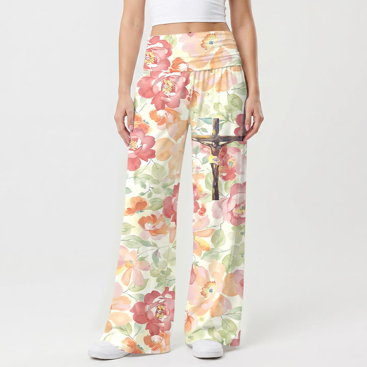 Pantalon Christianartworkshop à imprimé floral aquarelle pivoine, croix et motif crucifix, taille haute et jambes larges - US22, UK/AU26, EU54 (6XL) - image 0