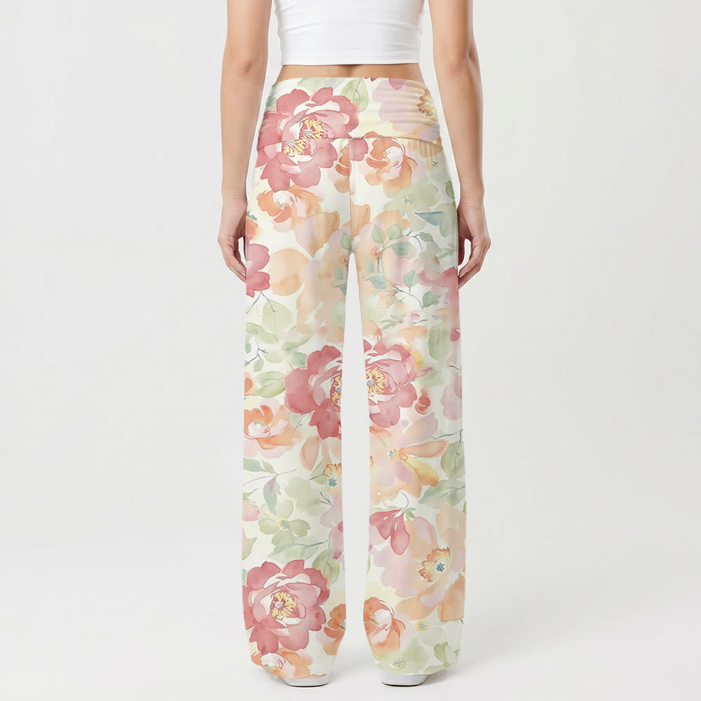 Pantalon Christianartworkshop à imprimé floral aquarelle pivoine, croix et motif crucifix, taille haute et jambes larges - image 1