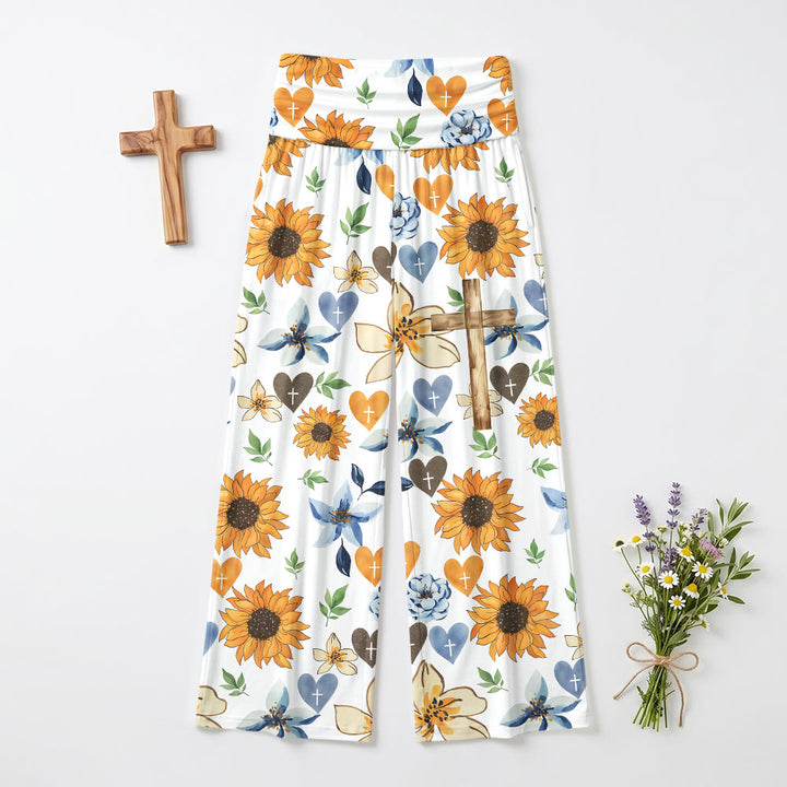 Pantalon taille haute stretch à jambes larges et imprimé intégral tournesol, cœur et croix de Christianartworkshop - image 2