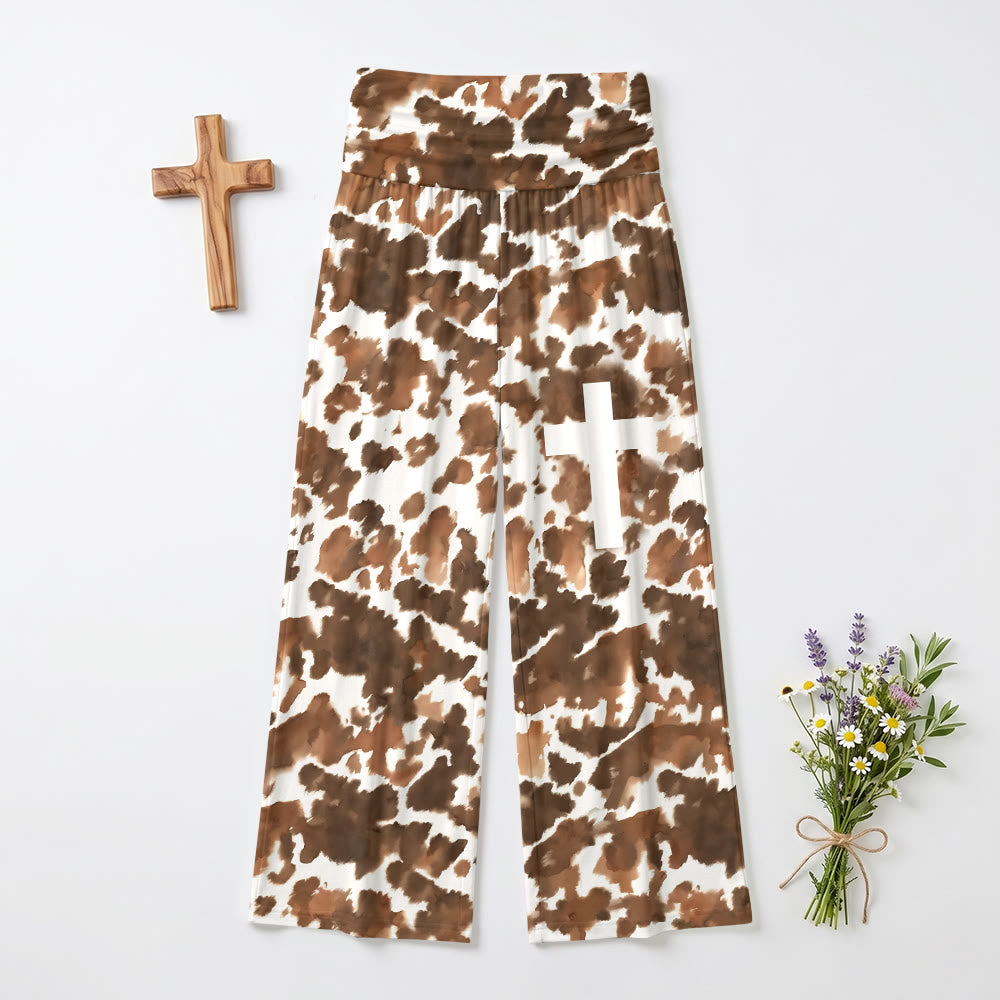 Pantalon Christianartworkshop à imprimé vache intégral, blanc uni, motif croisé vertical sur la cuisse, taille haute et jambes larges, revers. - image 2