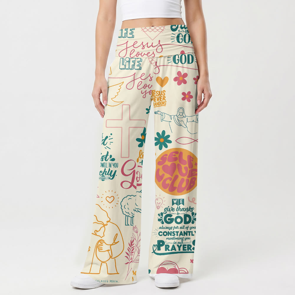 Christianartworkshop Faith Lettering Cross Figure Floral Element All Over Print Pell High Size Wide Leg Pants - US22, UK/AU26, EU54 (6XL) - image 0