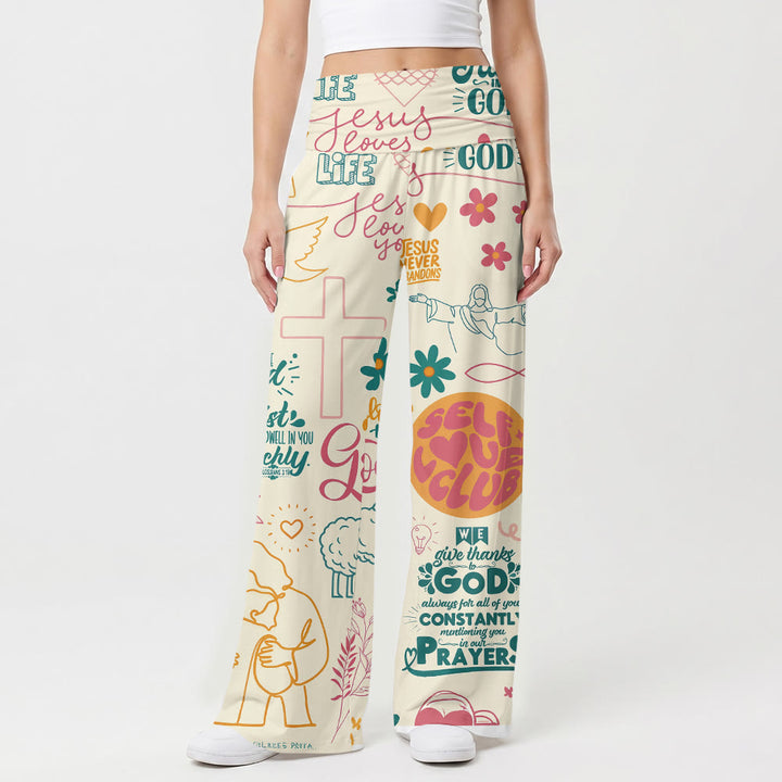 Christianartworkshop Faith Lettering Cross Figure Floral Element All Over Print Pell High Size Wide Leg Pants - US22, UK/AU26, EU54 (6XL) - image 0
