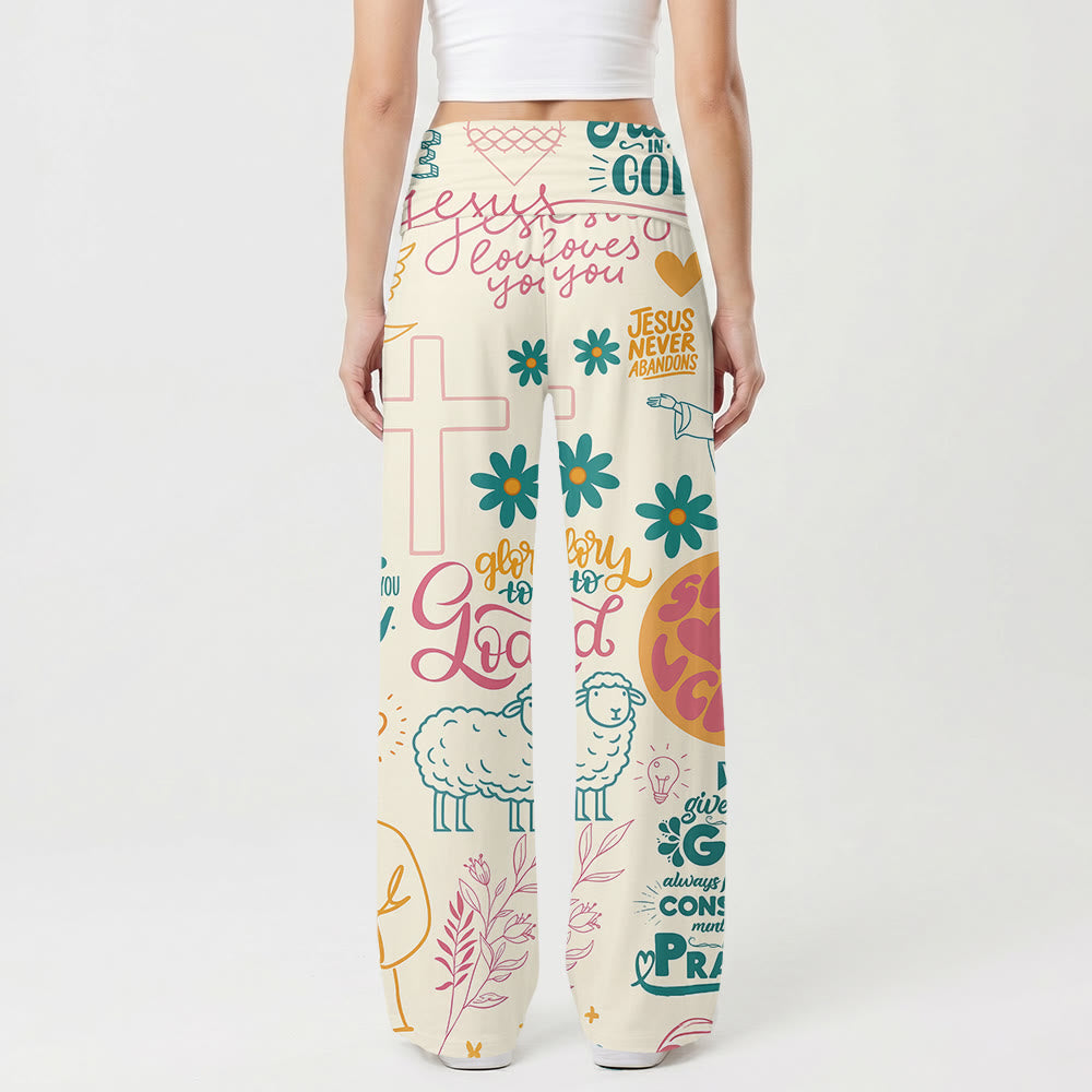 Christianartworkshop Faith Lettering Cross Figure Floral Element All Over Print Pell High Size Wide Leg Pants - image 1