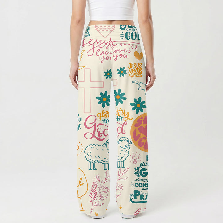Christianartworkshop Faith Lettering Cross Figure Floral Element All Over Print Pell High Size Wide Leg Pants - image 1