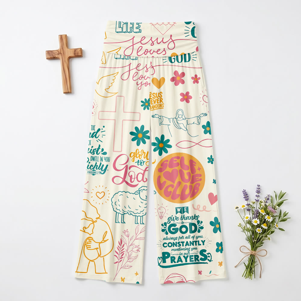 Christianartworkshop Faith Lettering Cross Figure Floral Element All Over Print Pell High Size Wide Leg Pants - image 2