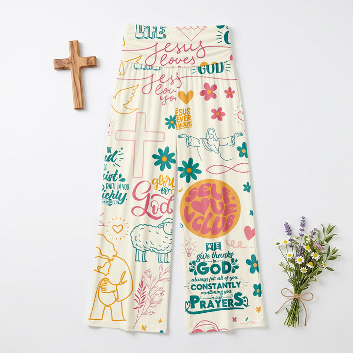 Christianartworkshop Faith Lettering Cross Figure Floral Element All Over Print Pell High Size Wide Leg Pants - image 2