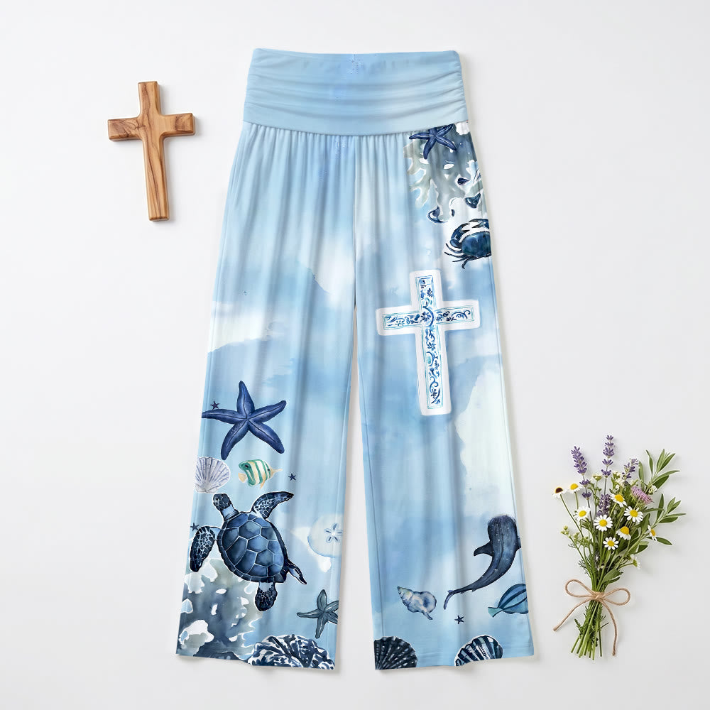 Christianartworkshop Océan Vie Marine Motif Bleu et Blanc Imprimé Croix All Over Pantalon Taille Haute Jambes Larges - image 2