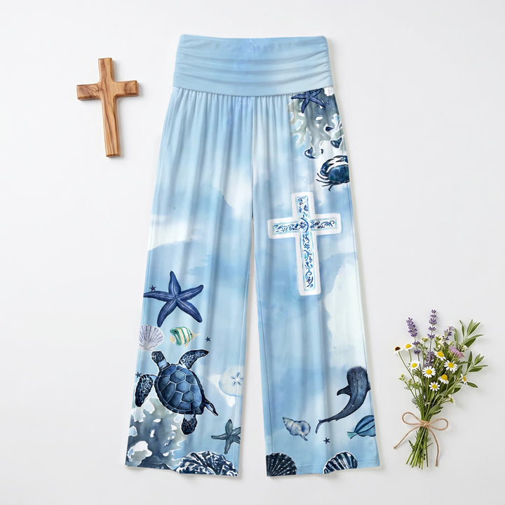Christianartworkshop Océan Vie Marine Motif Bleu et Blanc Imprimé Croix All Over Pantalon Taille Haute Jambes Larges - image 2